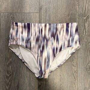 Athleta High-Waist Swim Bottoms in Purple and White Brushstroke